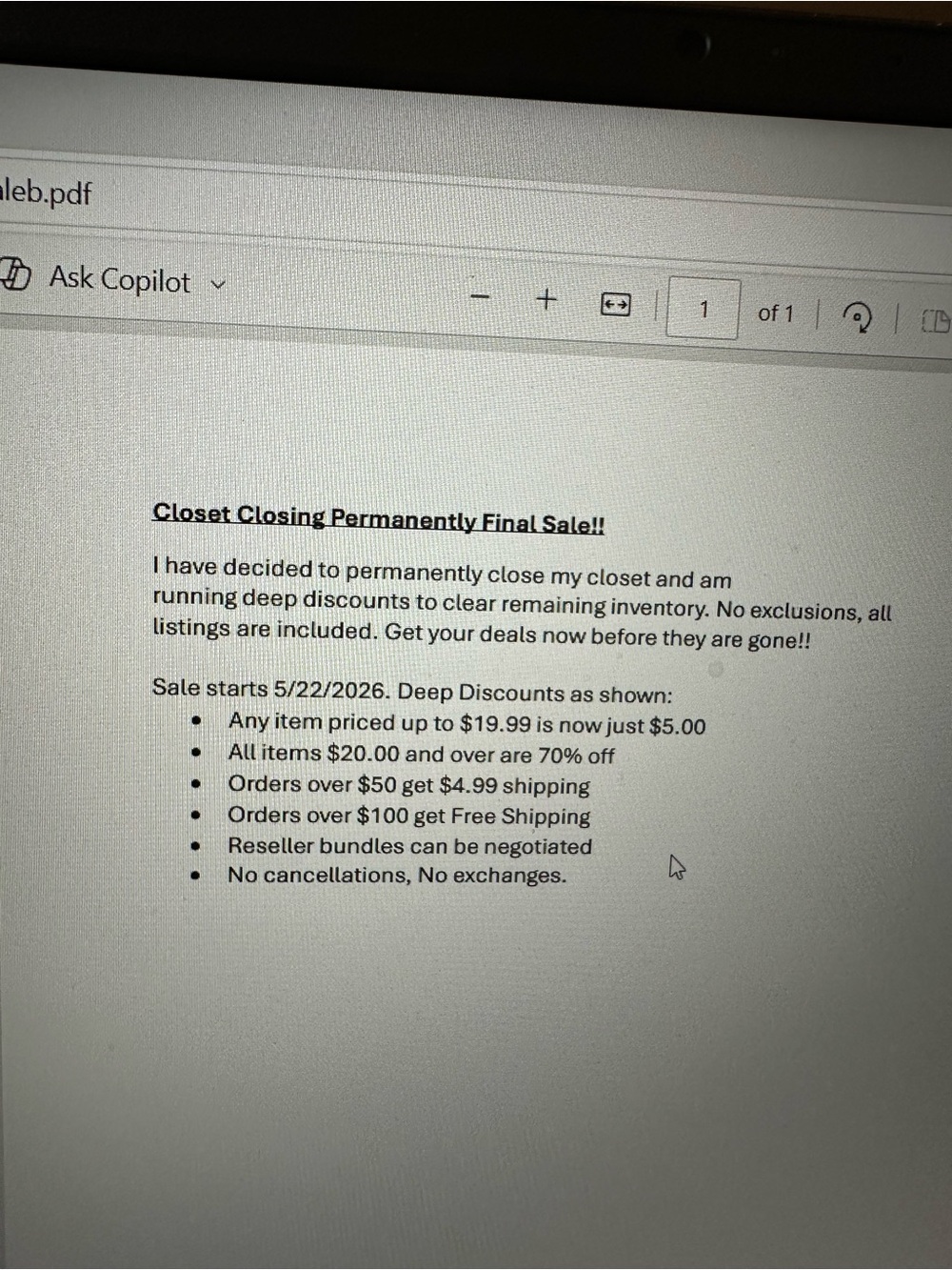Closet Closing Permanently - Sale Notice